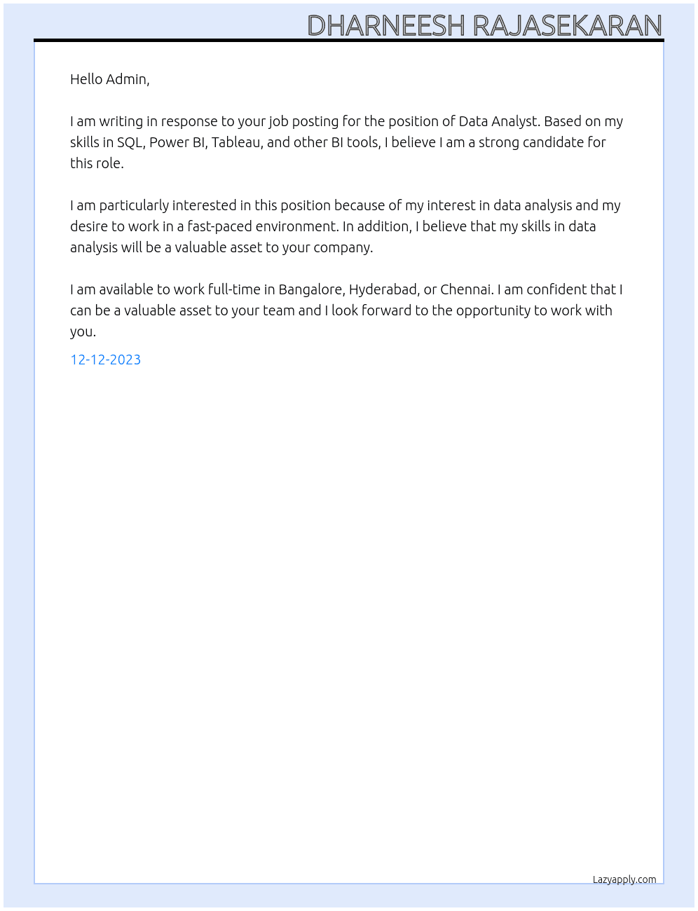 Data analyst At sopra steria Cover Letter