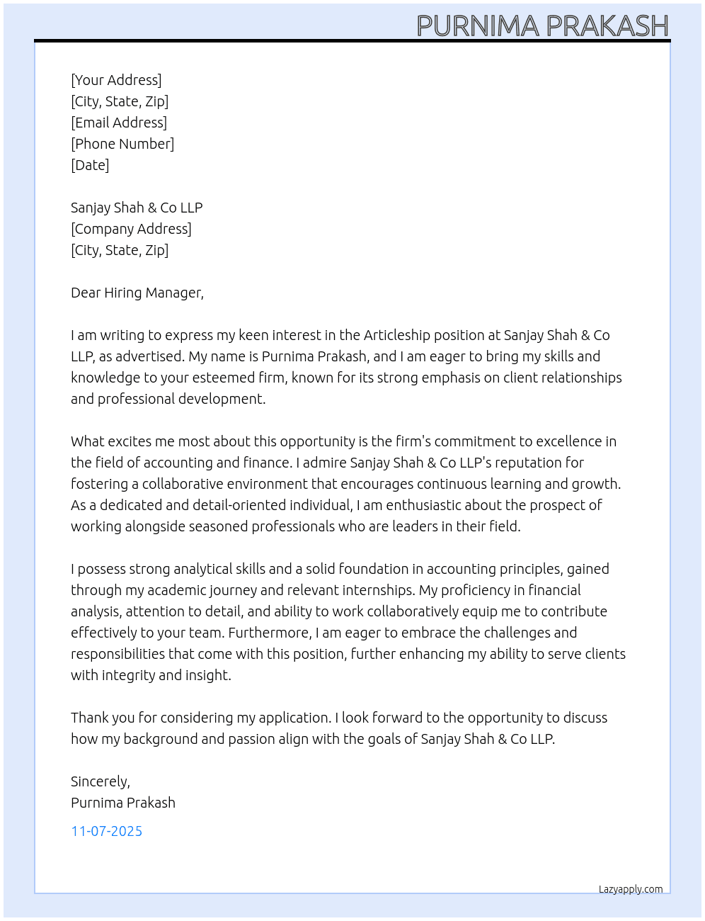 Cover letter for articleship - LazyApply