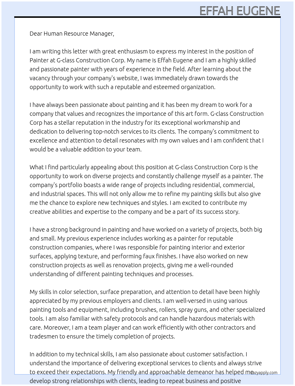 Painter At G-class Construction Corp  Cover Letter