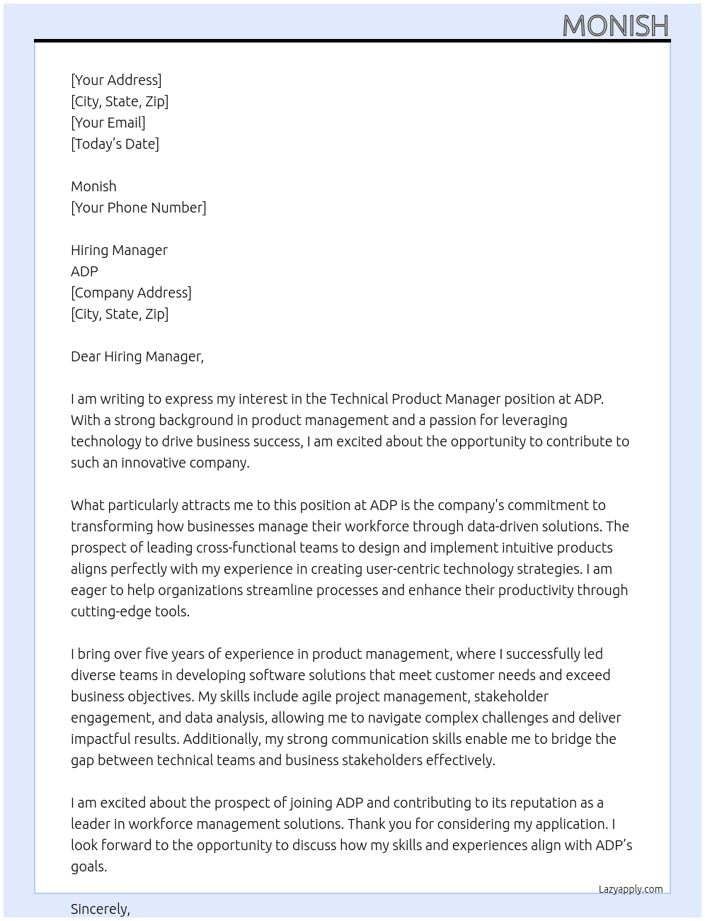 Cover letter for technical product manager - LazyApply