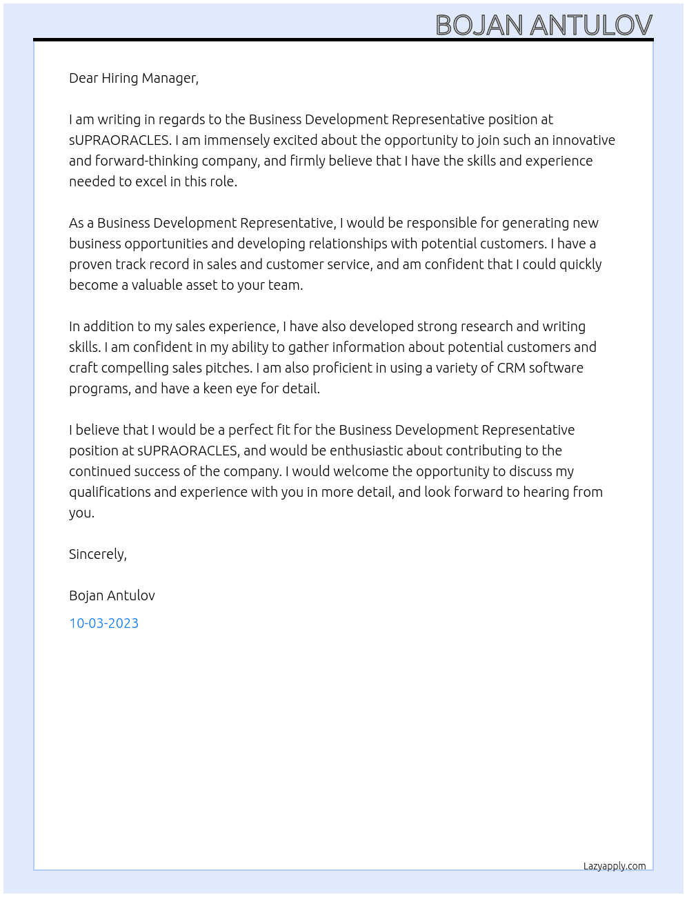 Business Development Representative At sUPRAORACLES Cover Letter