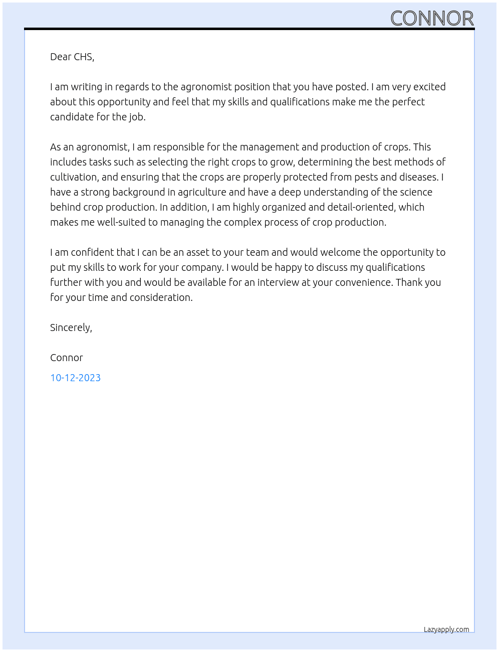 Agronomist At CHS Cover Letter