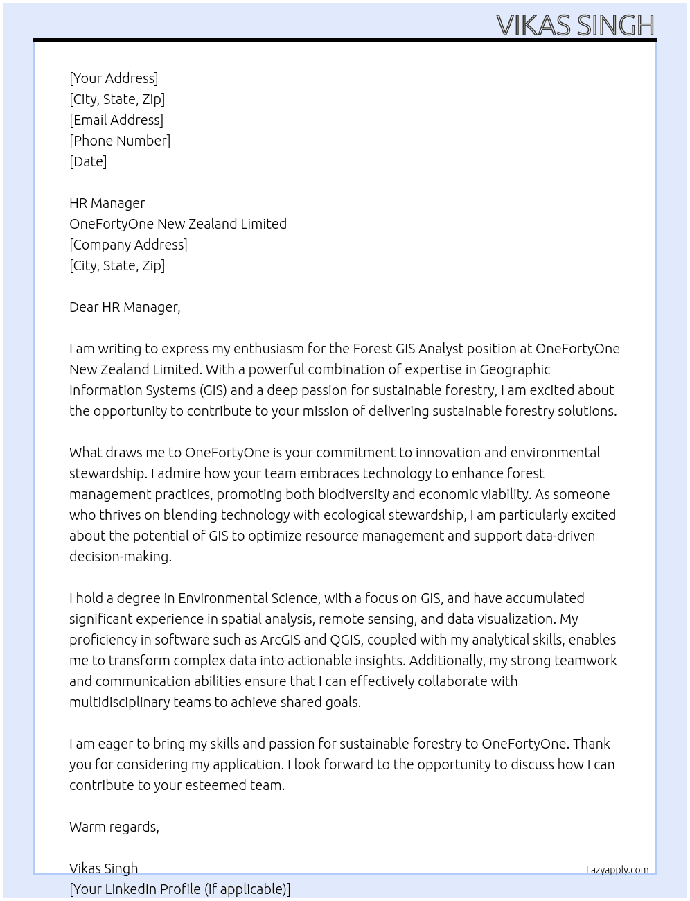 Forest GIS Analyst At OneFortyOne New Zealand Limited Cover Letter