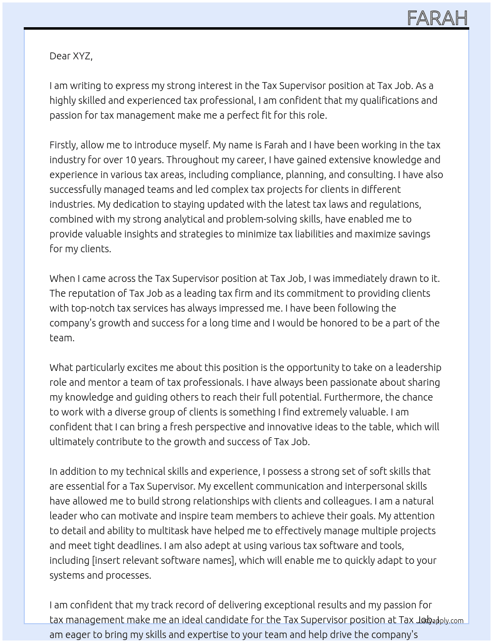 Tax Supervisor  At Tax Job Cover Letter