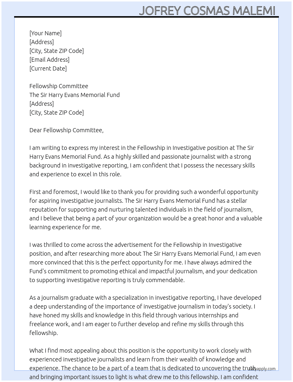 Fellowship in Investigative  At The Sir Harry Evans Memorial Fund Cover Letter