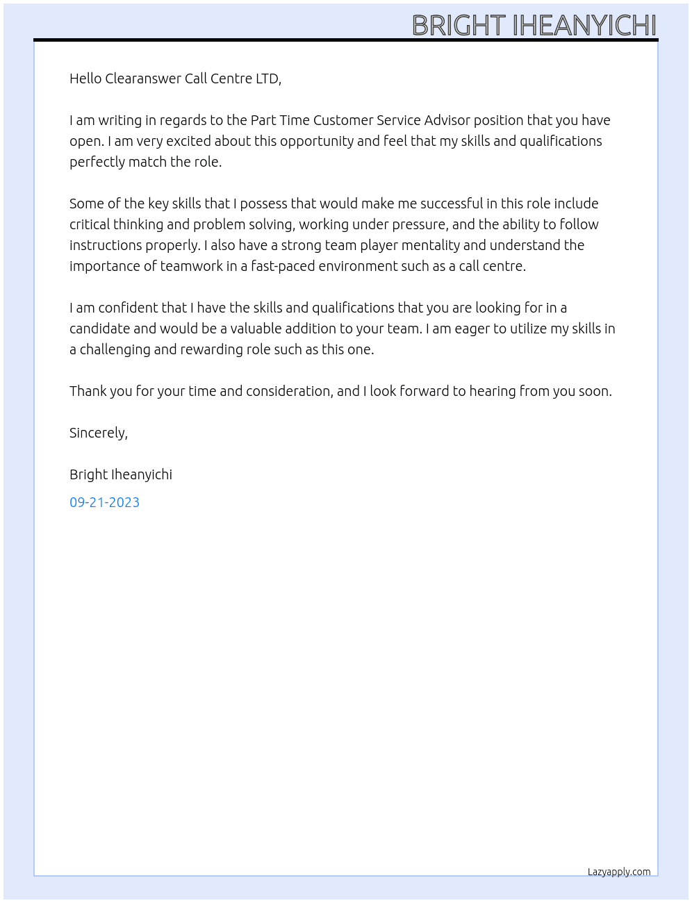 Part Time Customer Service Advisor At Clearanswer Call Centre LTD Cover Letter