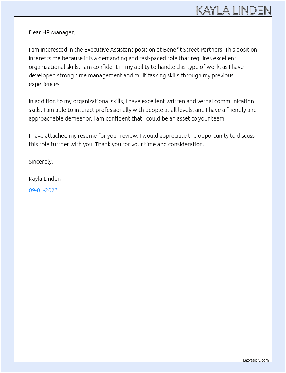 Executive Assistant At Benefit Street Partners Cover Letter