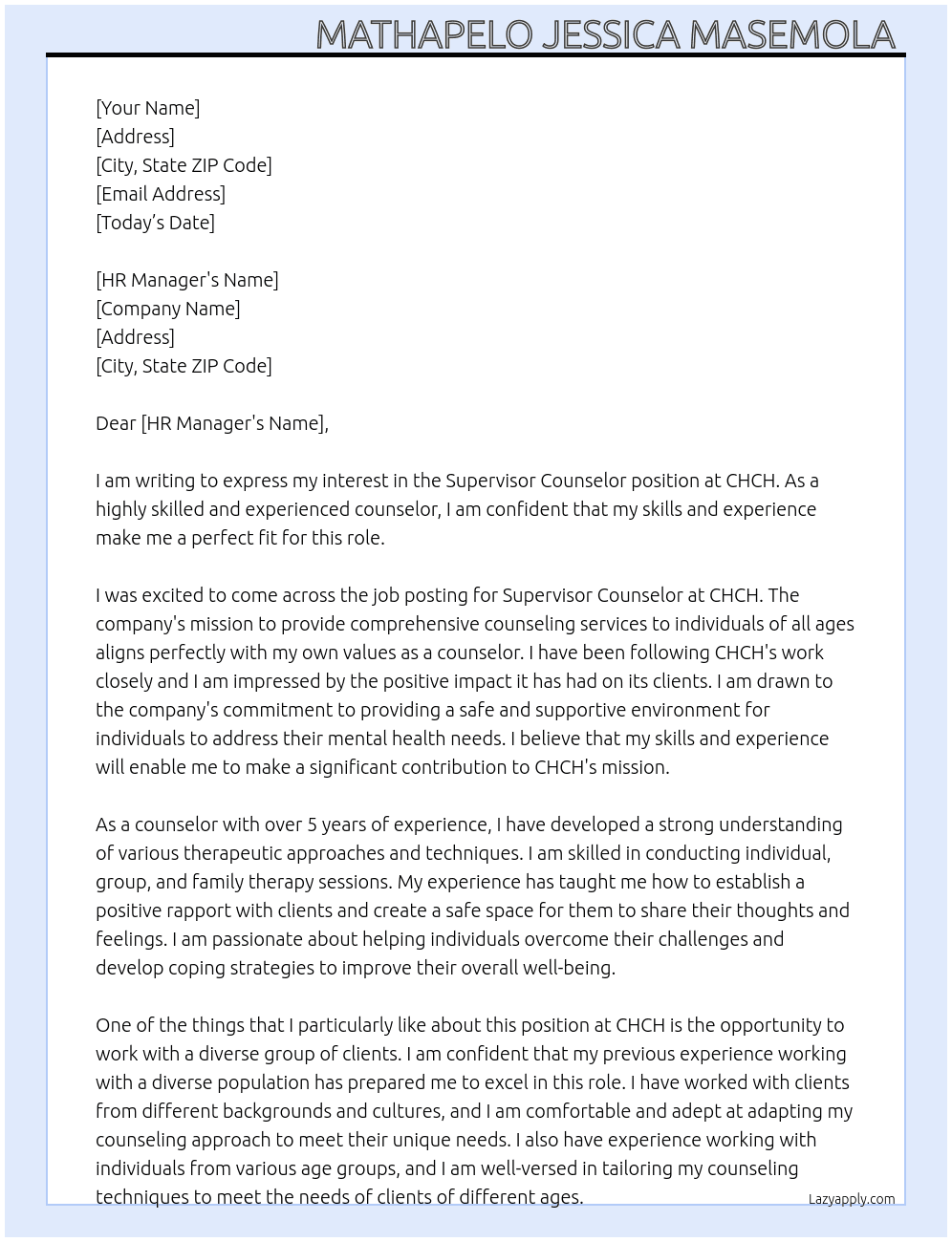 Supervisor Counselor  At CHCH Cover Letter