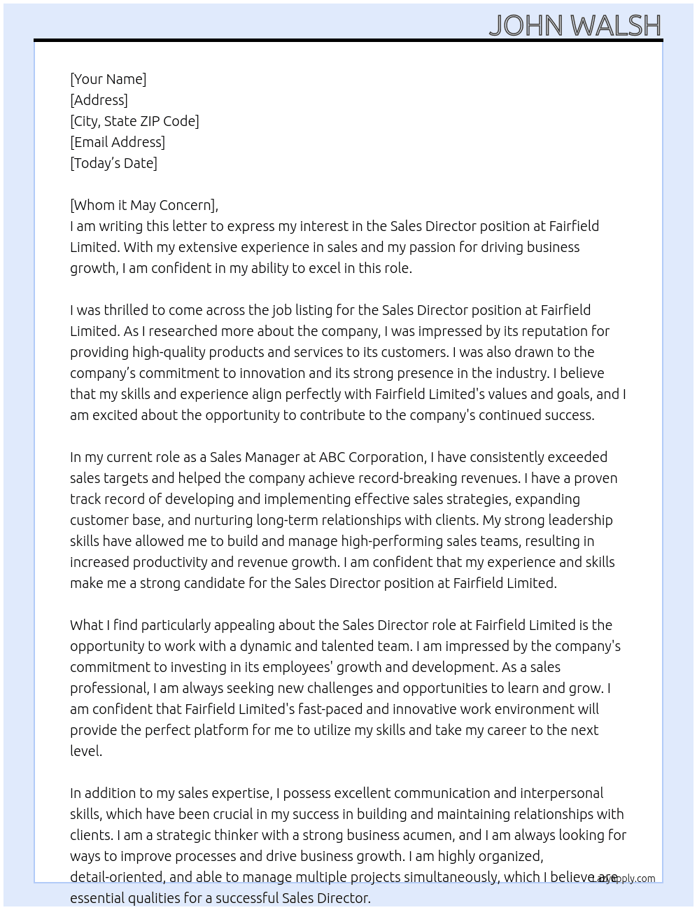 sales director At fairfield limited Cover Letter