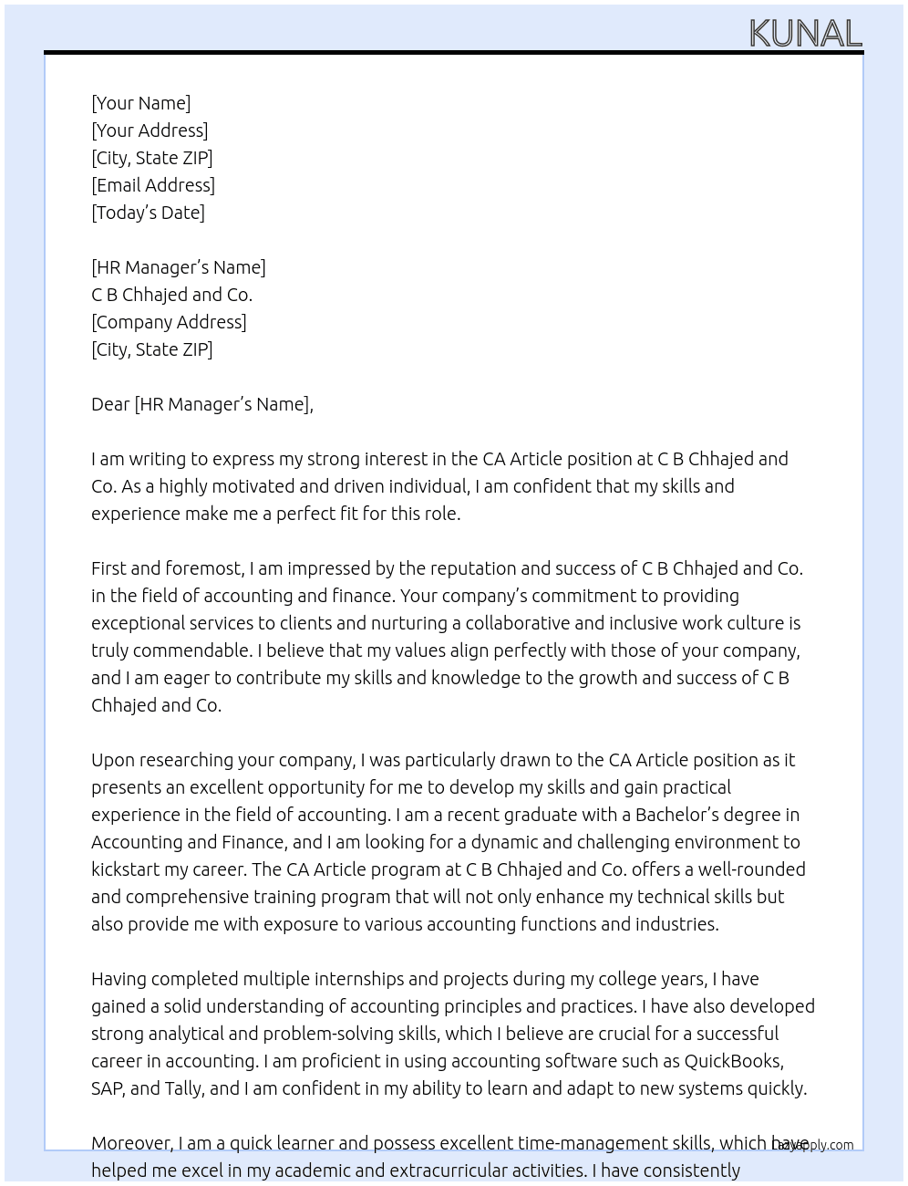 CA Article At C B Chhajed and Co. Cover Letter