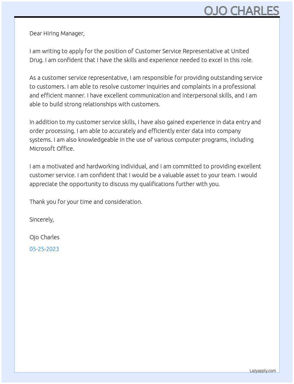 Customer Service Represemtative At United Drug Cover Letter