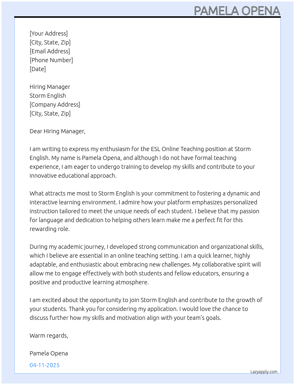 ESL Online Teaching No Experience, willing to undergo training At Storm English Cover Letter