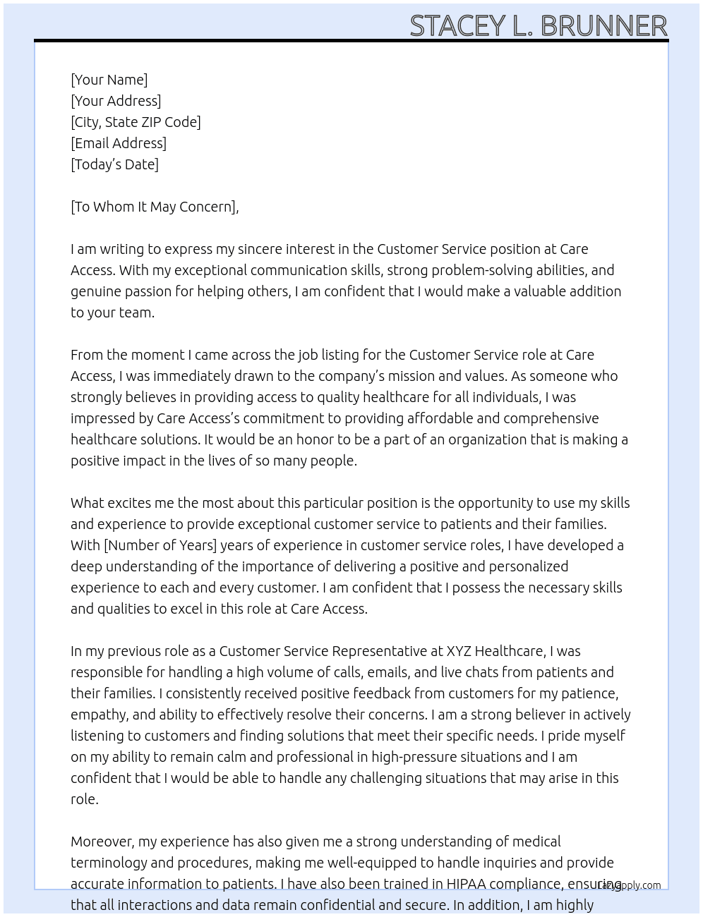 Customer Service At Care Access Cover Letter