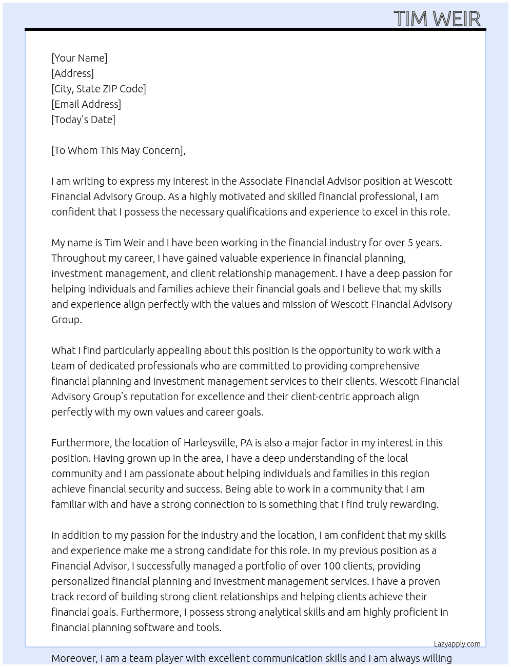 Associate Financial Advisor  At Wescott Financial Advisory Group Cover Letter