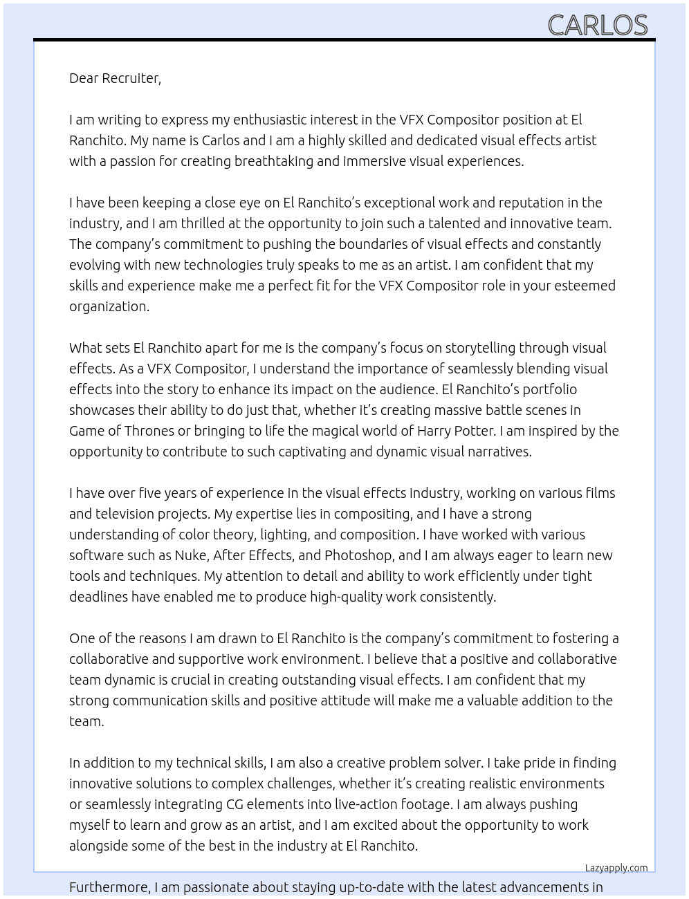 VFX Compositor At El Ranchito Cover Letter