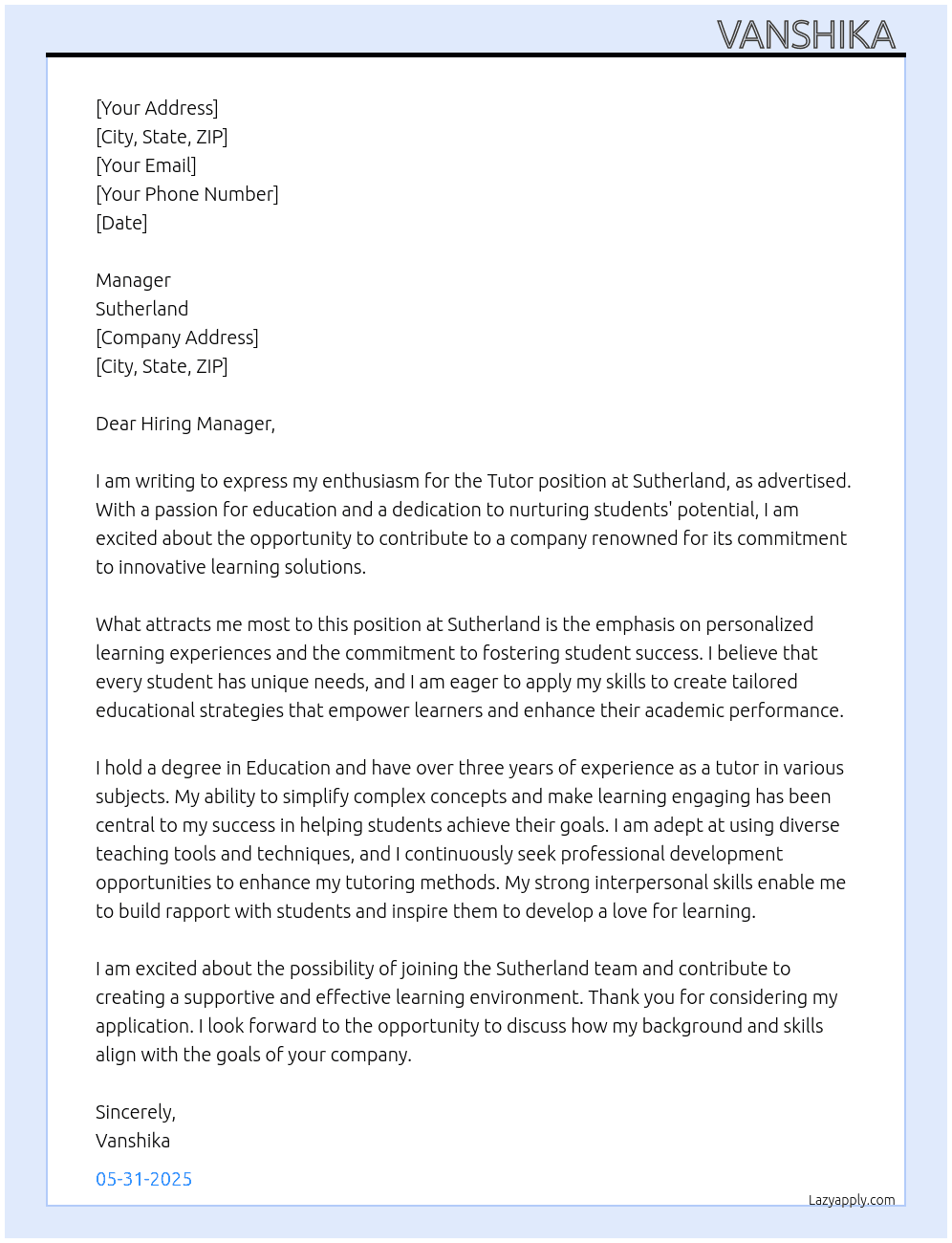 tutor At sutherland Cover Letter
