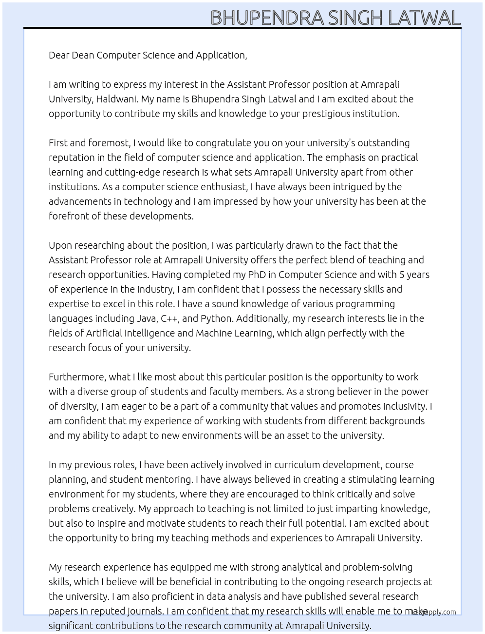 Assistant Professor At Amrapali University, Haldwani Cover Letter