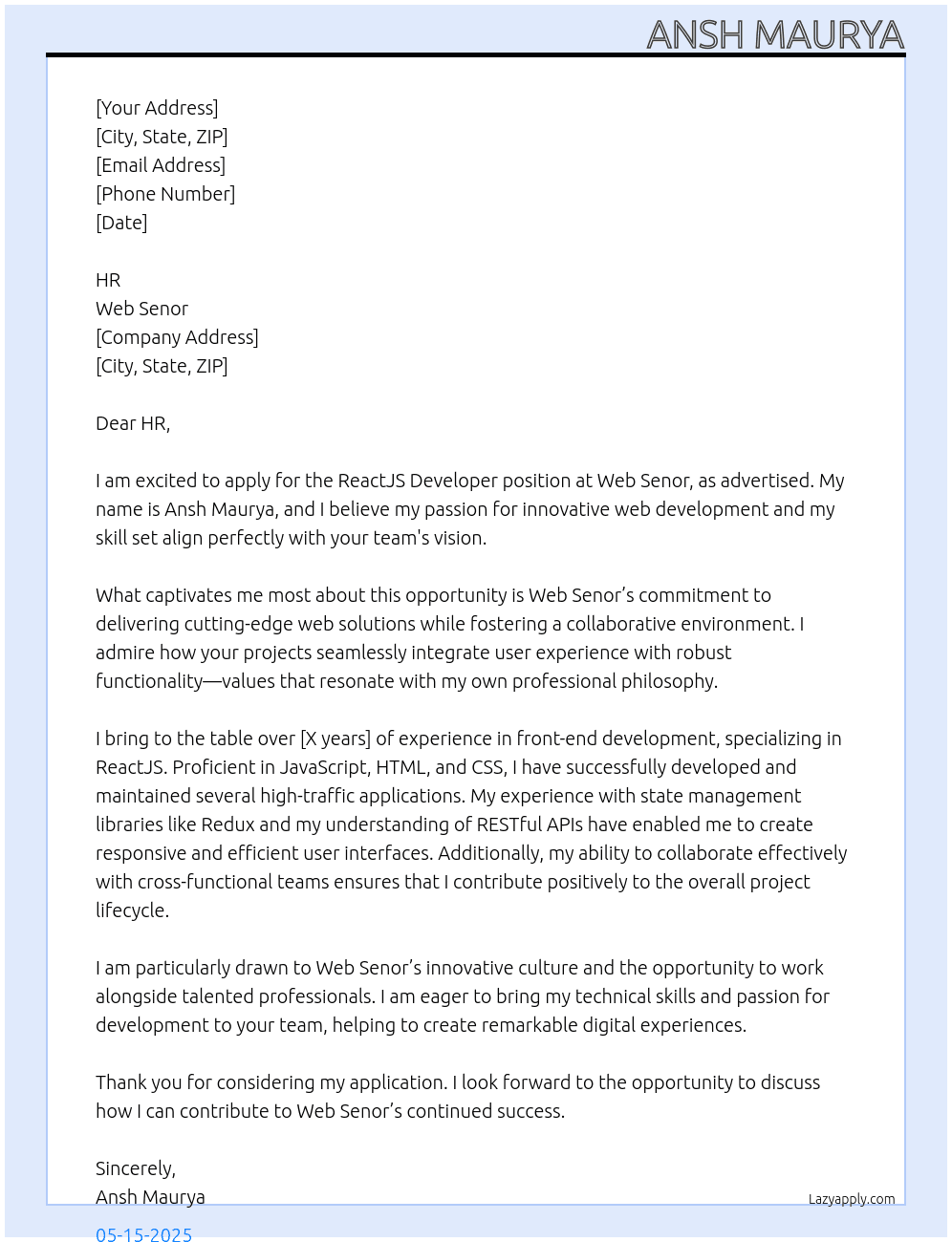 ReactJS Developer At Web Senor Cover Letter