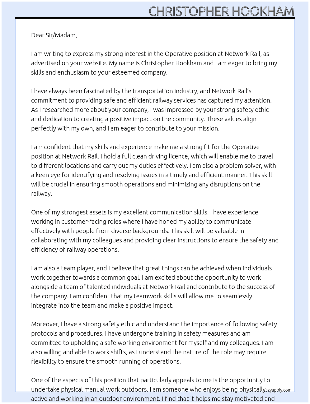 Operative At Network Rail Cover Letter