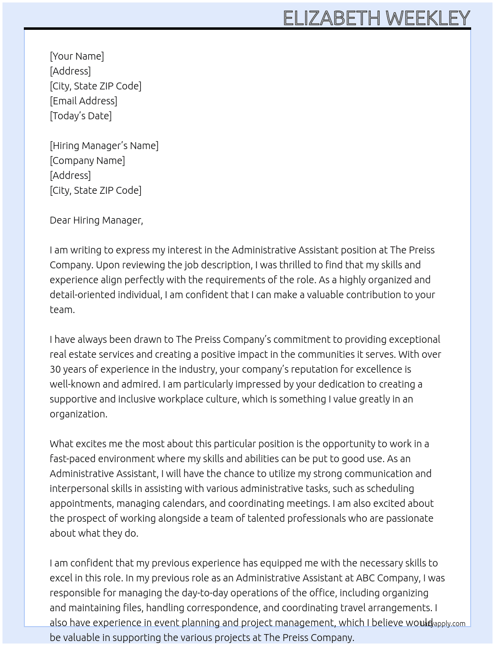 Administrative Assitsant At The Preiss Company Cover Letter
