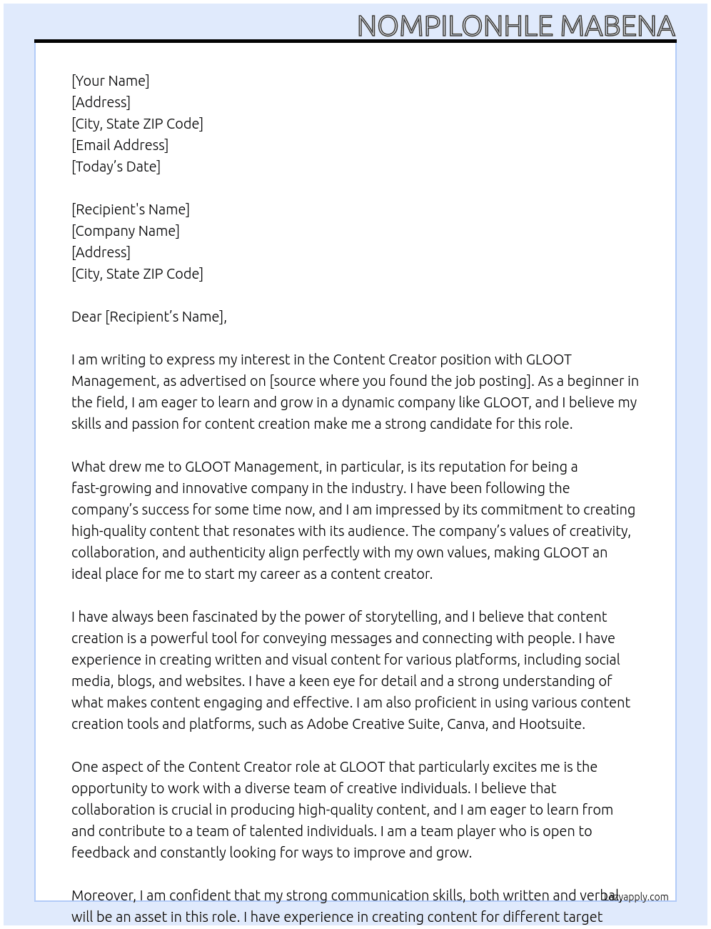 Content creator At GLOOT  Cover Letter