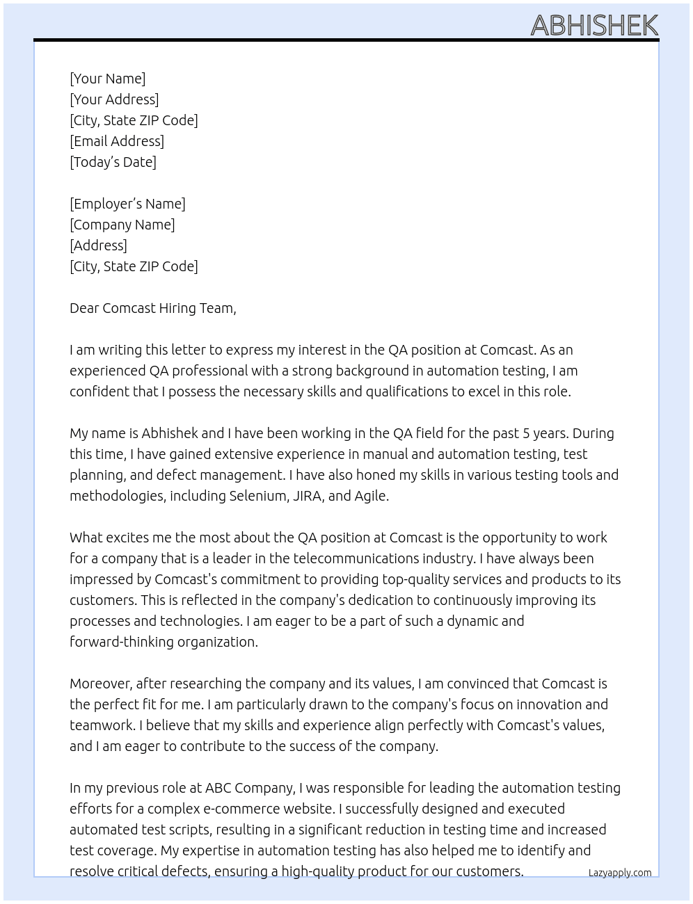 QA At Comcast Cover Letter