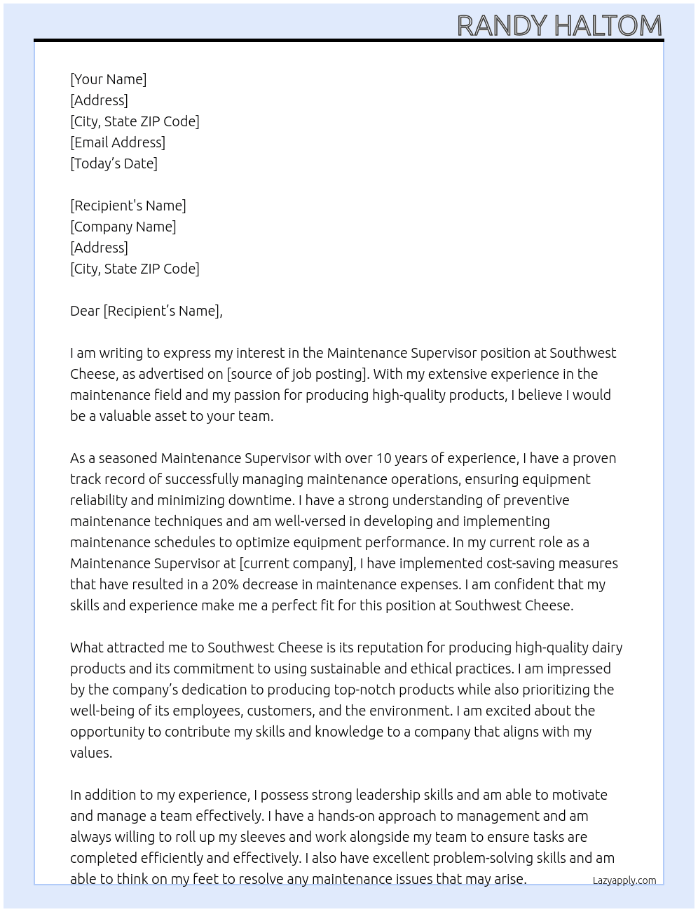 Maintenance Supervisor At Southwest Cheese Cover Letter
