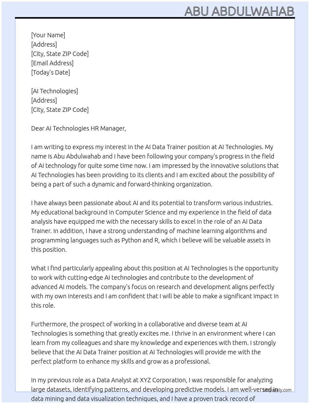 ai data trainer At AI Technologies Cover Letter