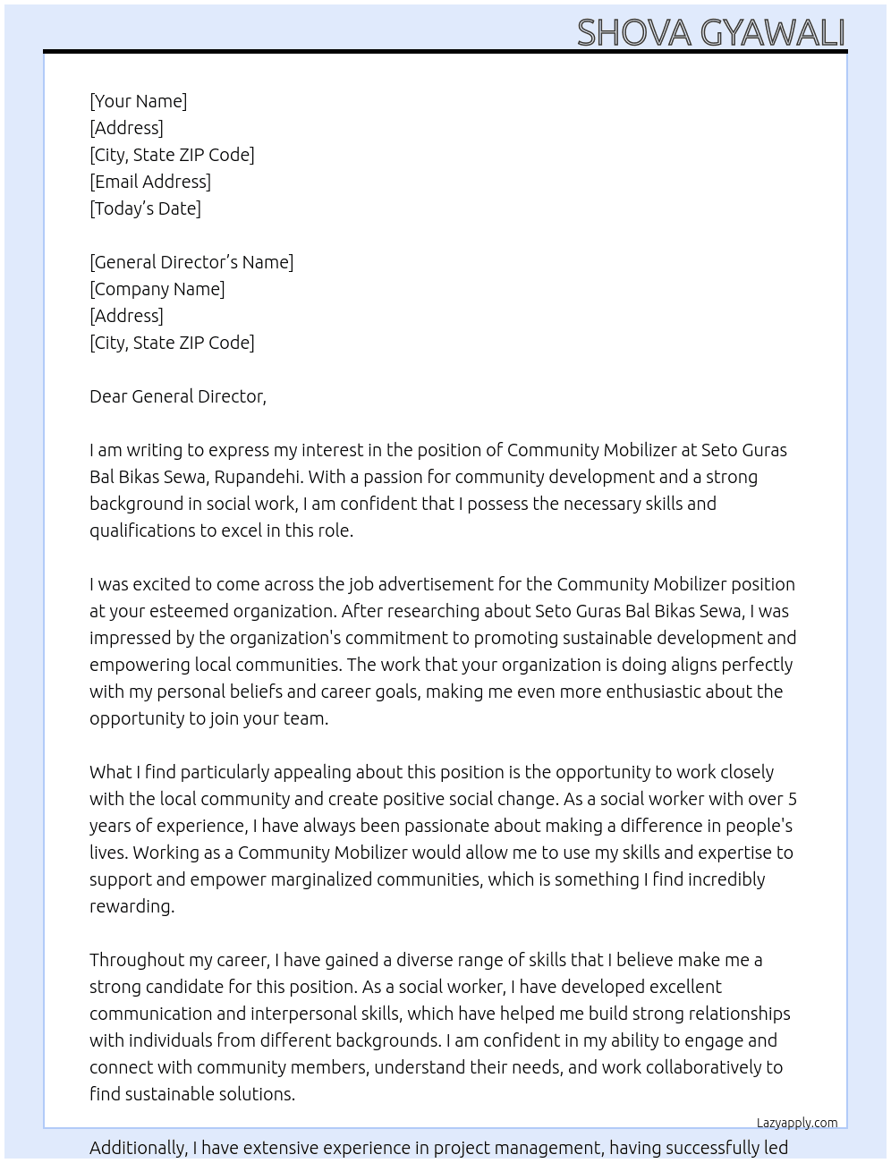 Community Mobilizer  At Seto Guras Bal Bikas Sewa,Rupandehi Cover Letter