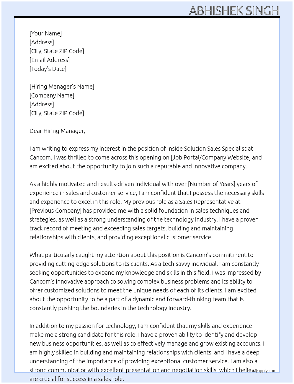 Inside Solution Sales Specialist  At Cancom Cover Letter