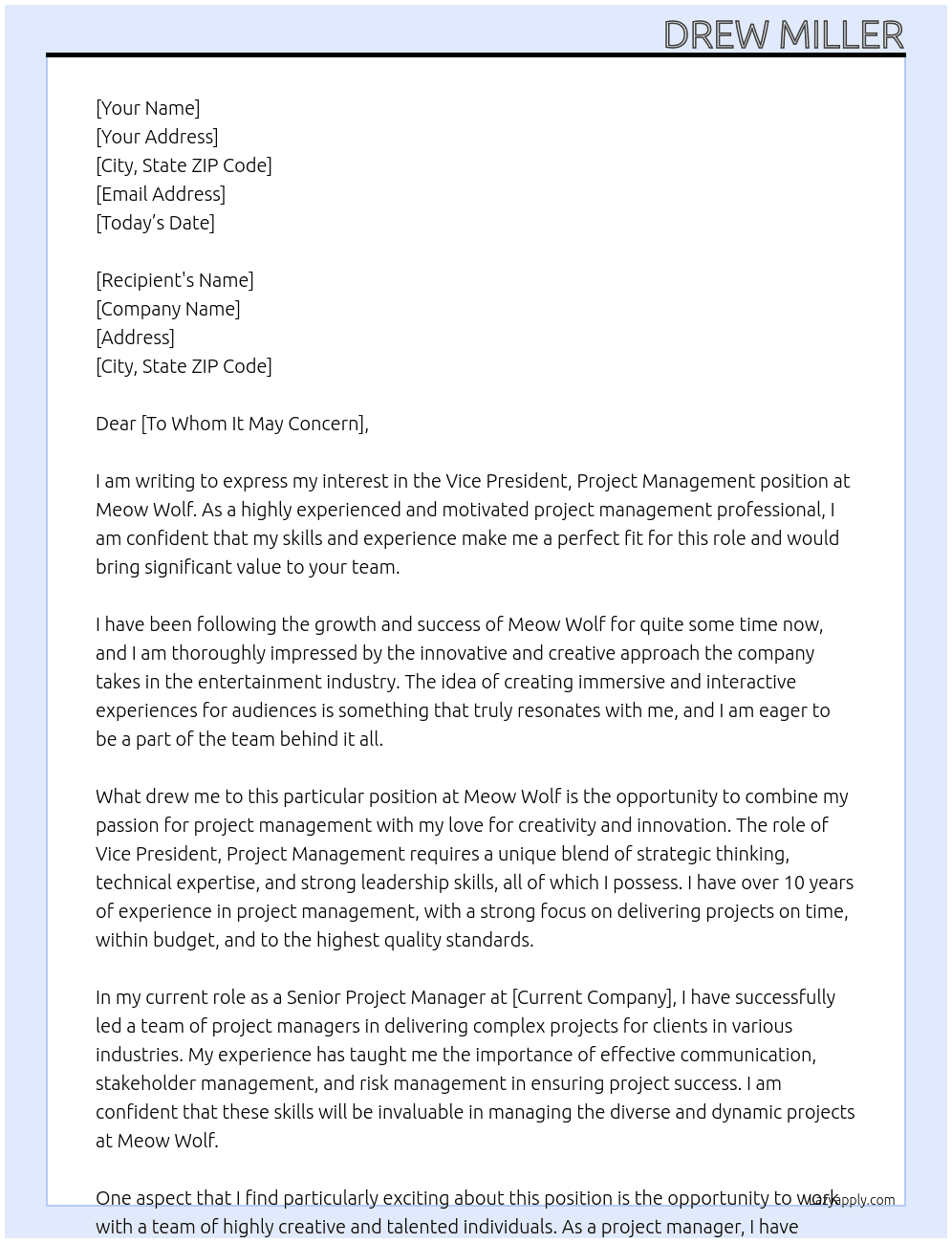 Vice President, Project Management At Meow Wolf Cover Letter