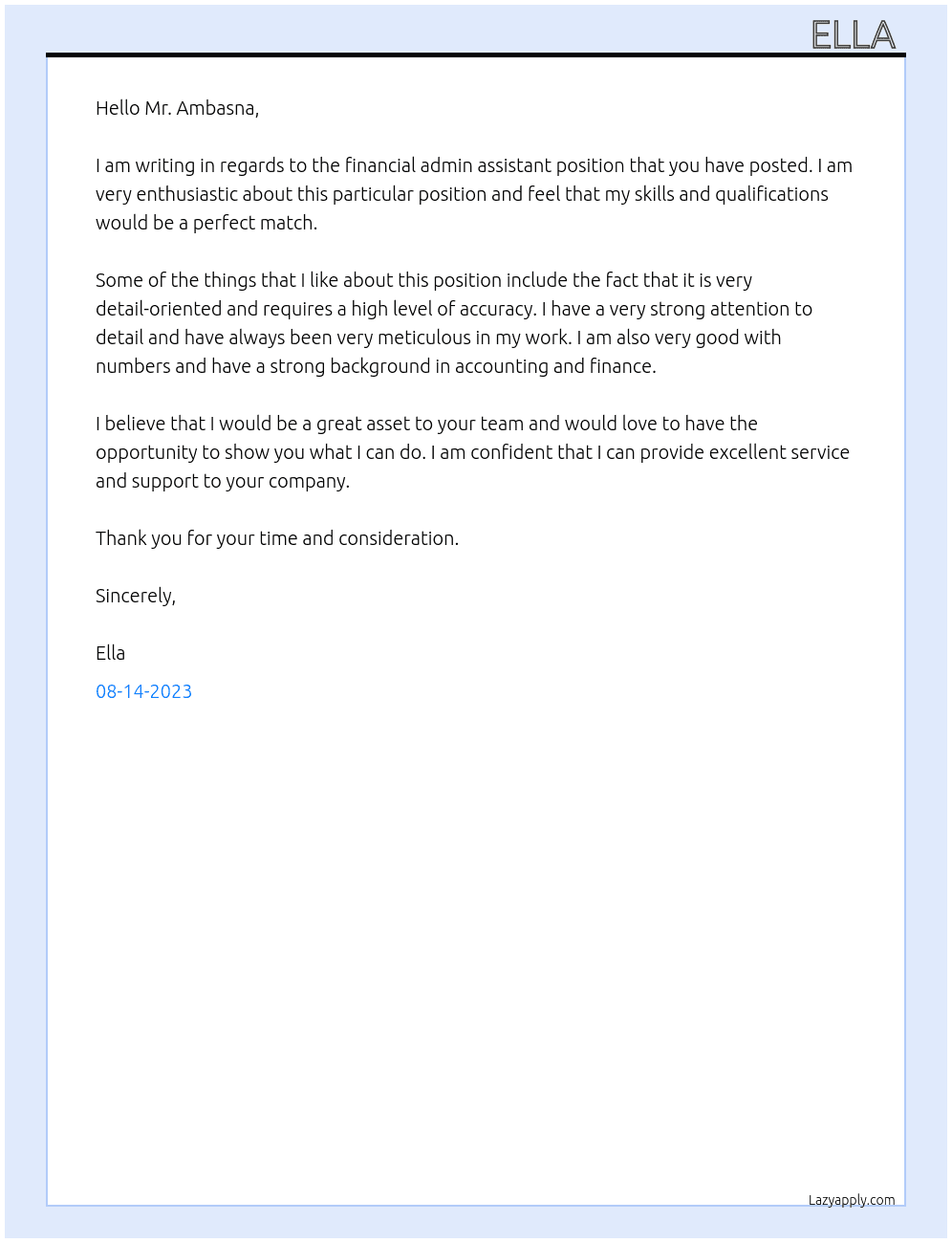 Financial admin assistant At Amit Cover Letter