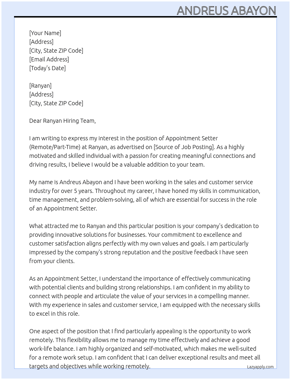 Appointment Setter (Remote/Part-Time) At RANYAN Cover Letter