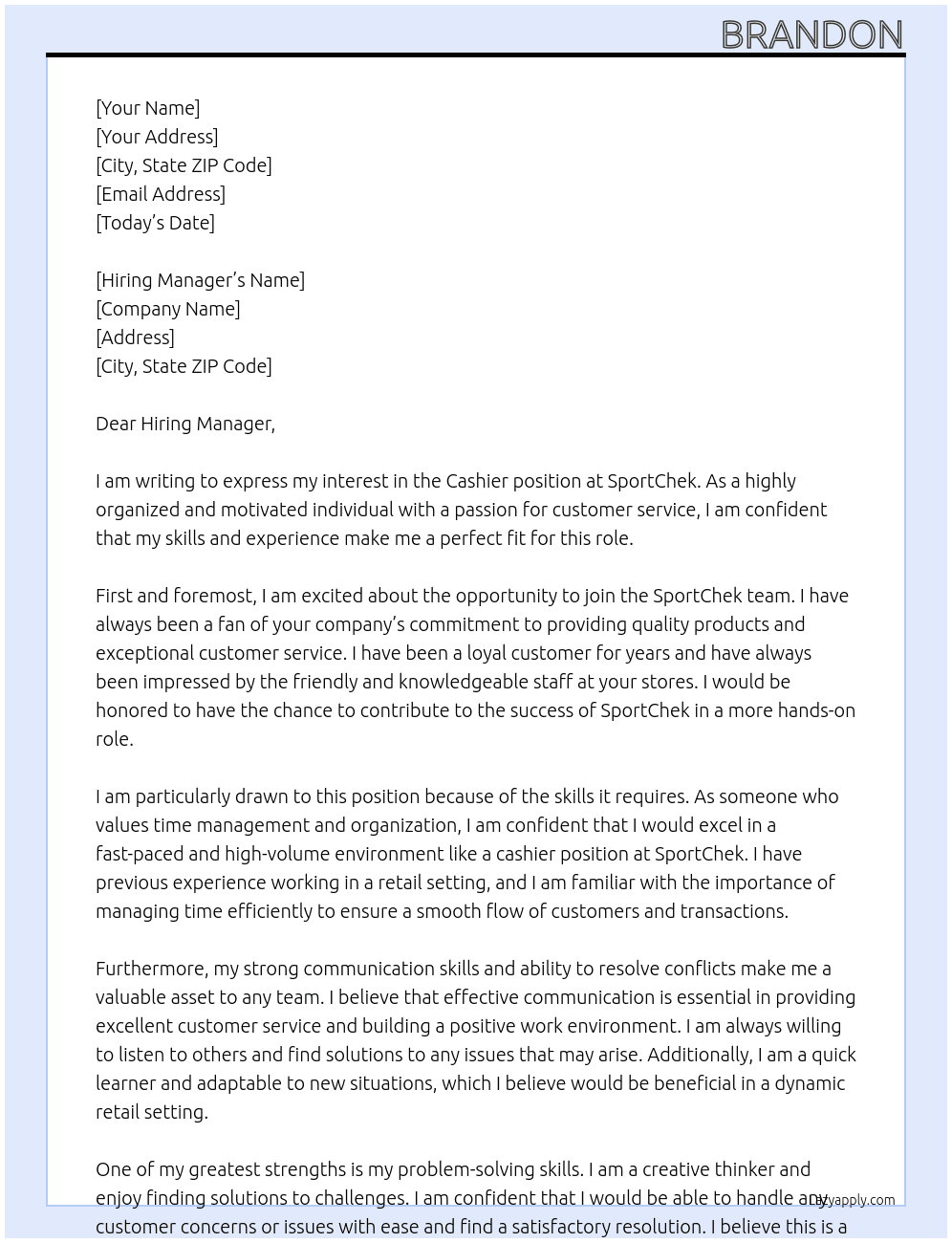 Cashier At SportChek Cover Letter