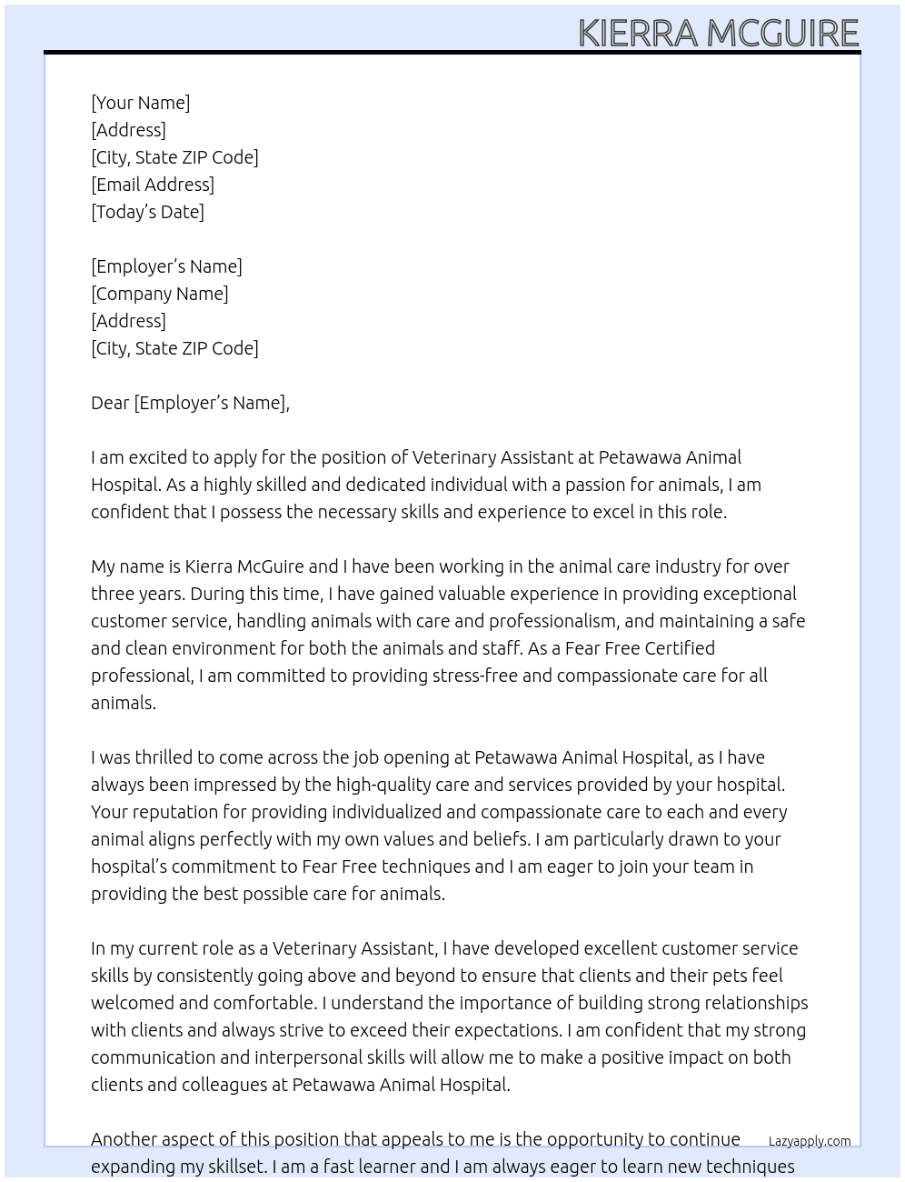 Veterinary Assistant  At Petawawa Animal Hospital  Cover Letter