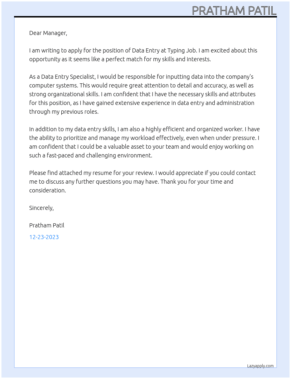 Data entry  At Typing job Cover Letter