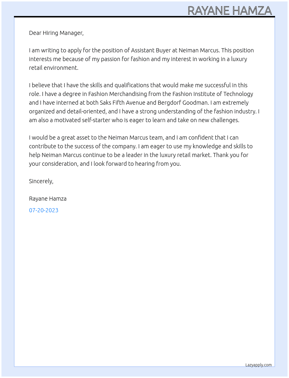 Assistant Buyerr At Neiman Marcus  Cover Letter