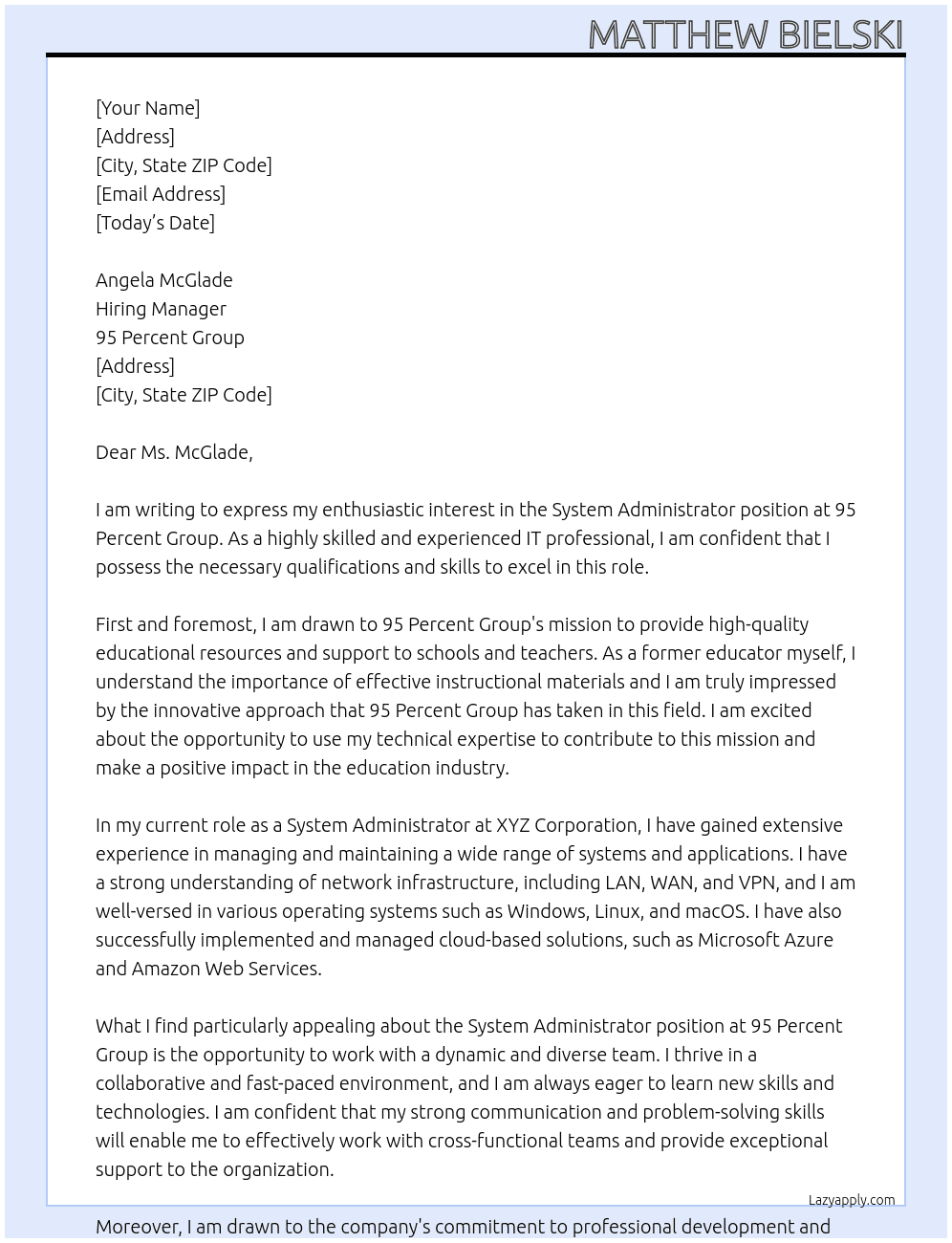 System Administrator At 95 Percent Group Cover Letter