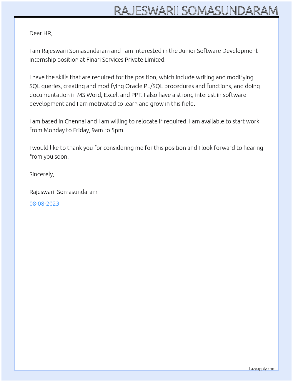 Junior Software Development Internship At Finari Services Private Limited Cover Letter