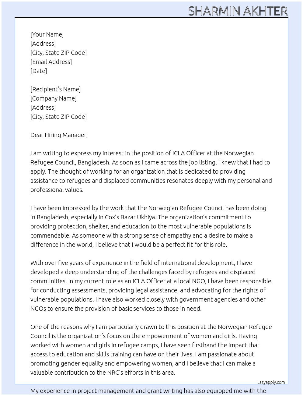 ICLA Officer Bangladesh Cox's Bazar Ukhiya At Norwegian Refugee Council, Bangladesh Cover Letter