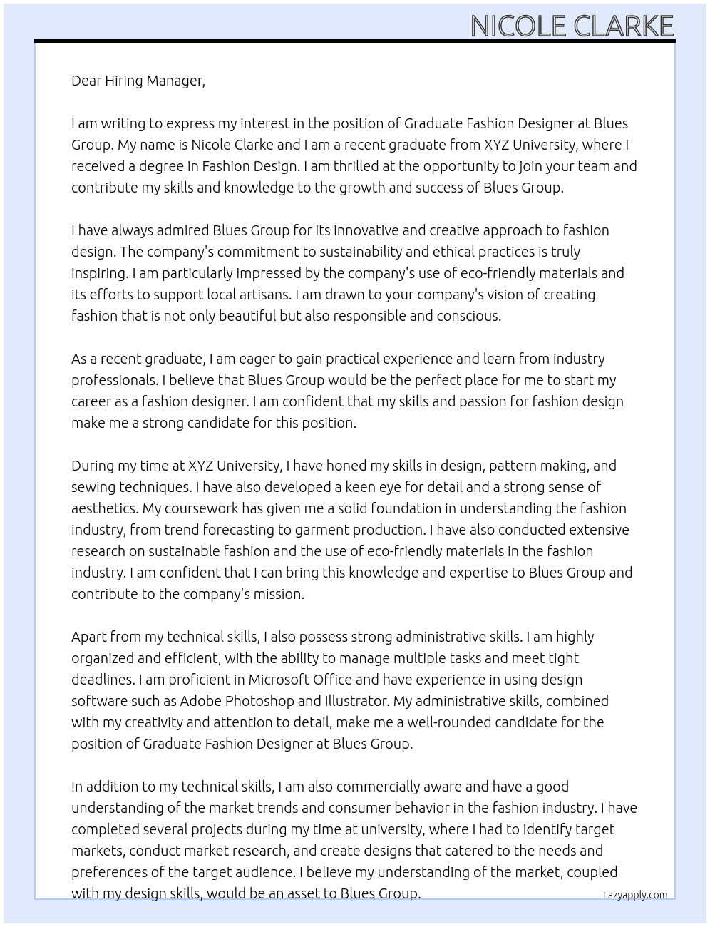 Graduate Fashion designer At Blues Group Cover Letter