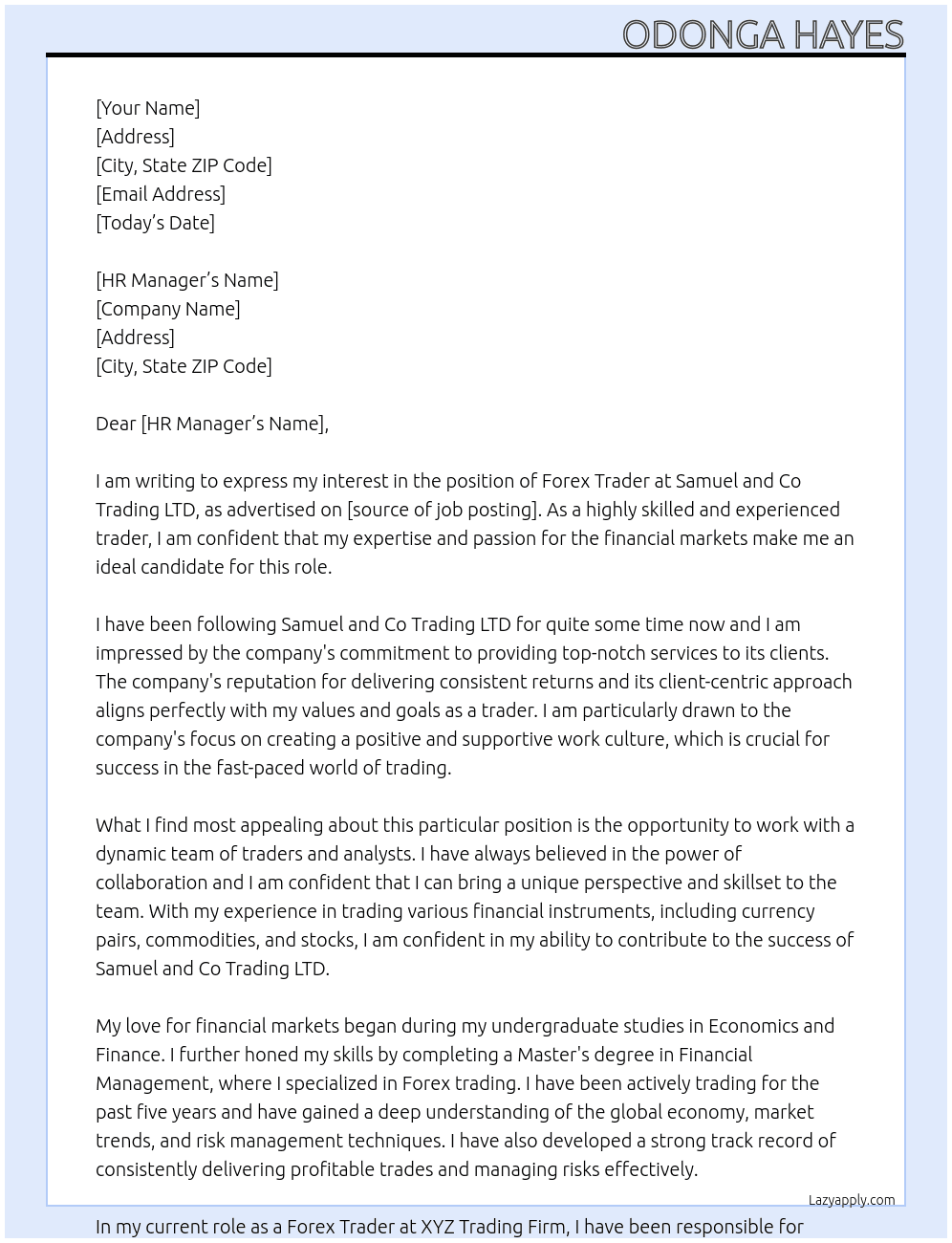 forex trader At Samuel and Co Trading LTD Cover Letter
