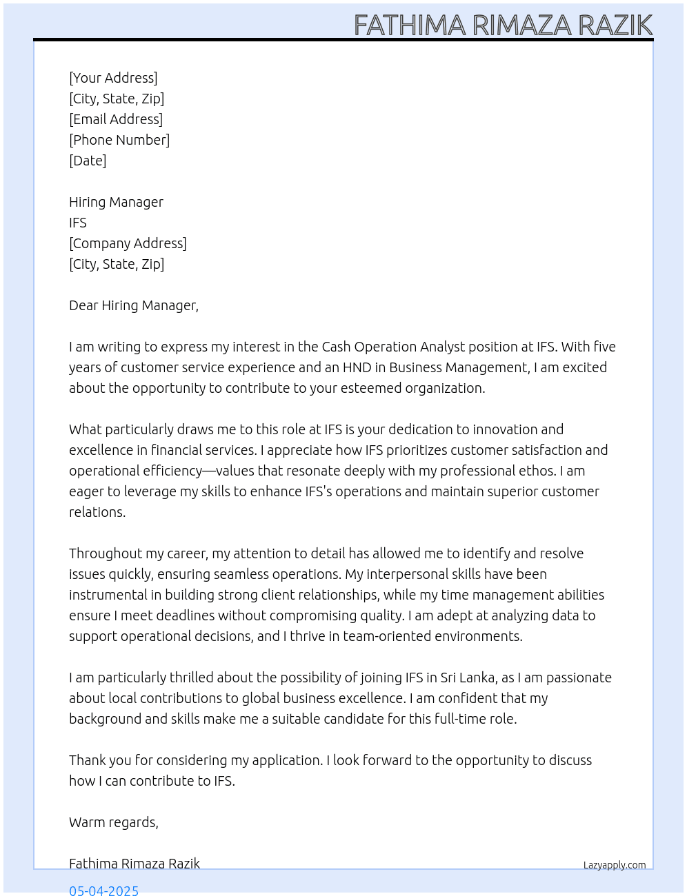 Cash operation analyst  At IFS Cover Letter