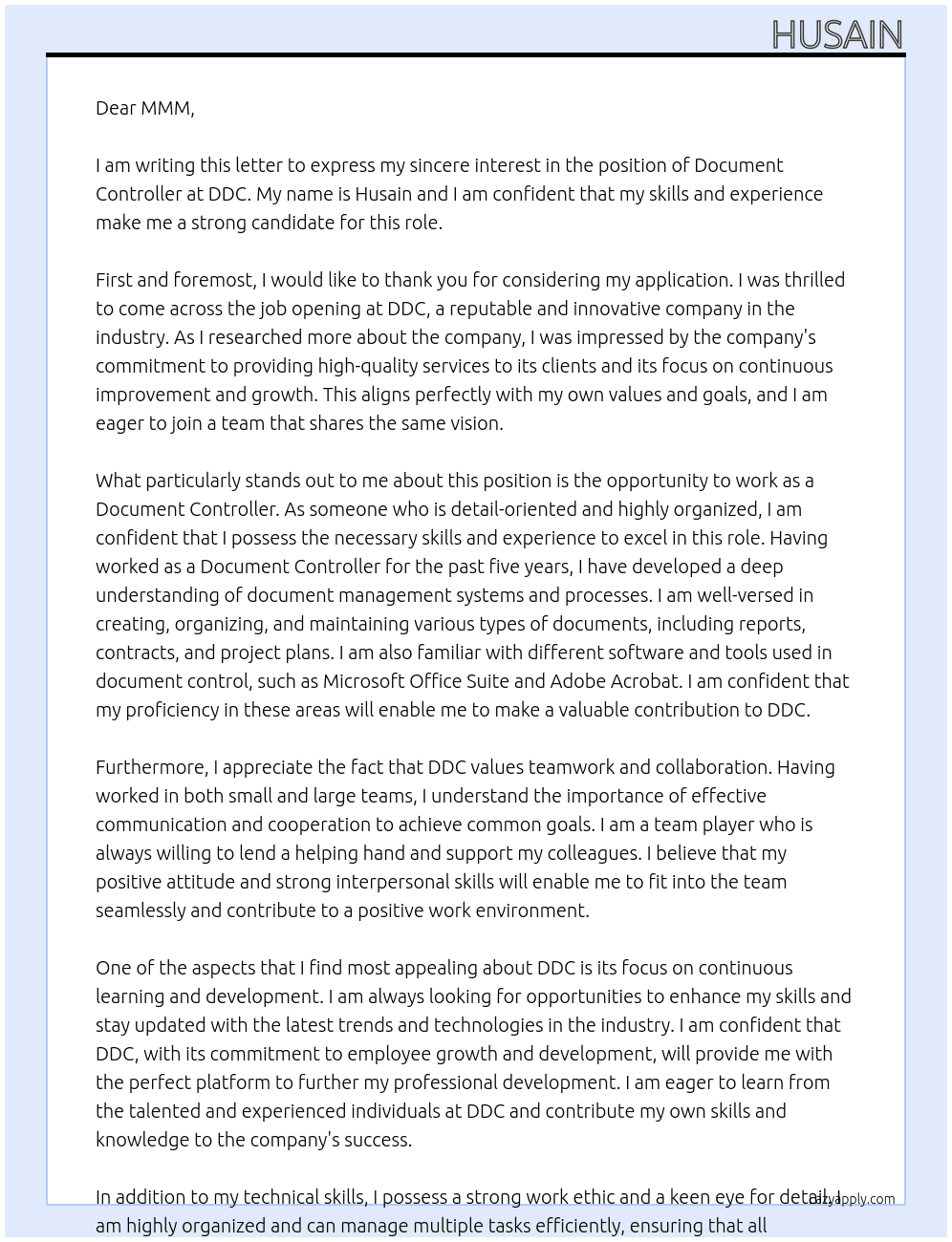 DOCUMENT CONTROLLER At DDC Cover Letter