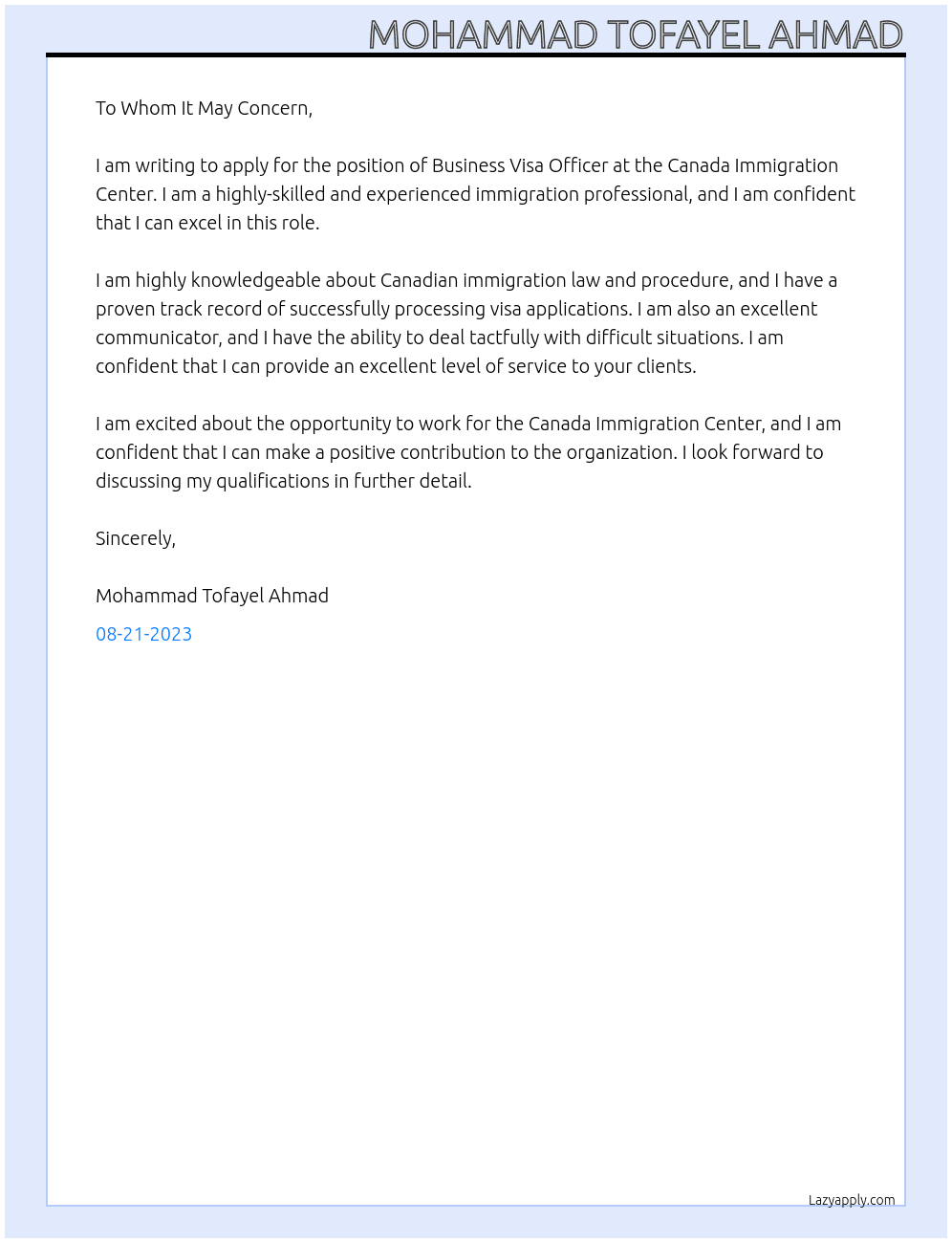 Business At Canada Immigration Center Cover Letter