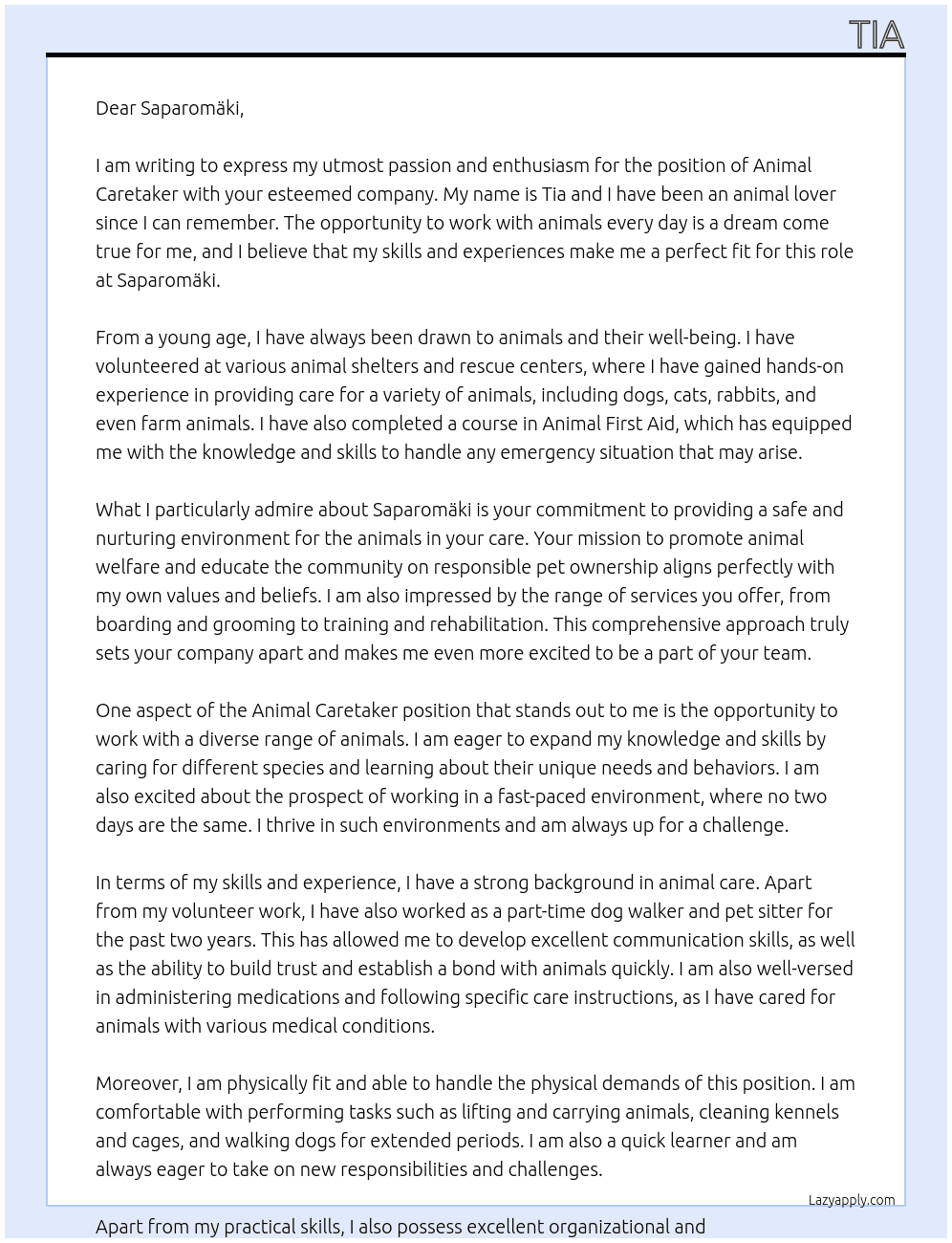 Animal caretaker At Saparomäki Cover Letter