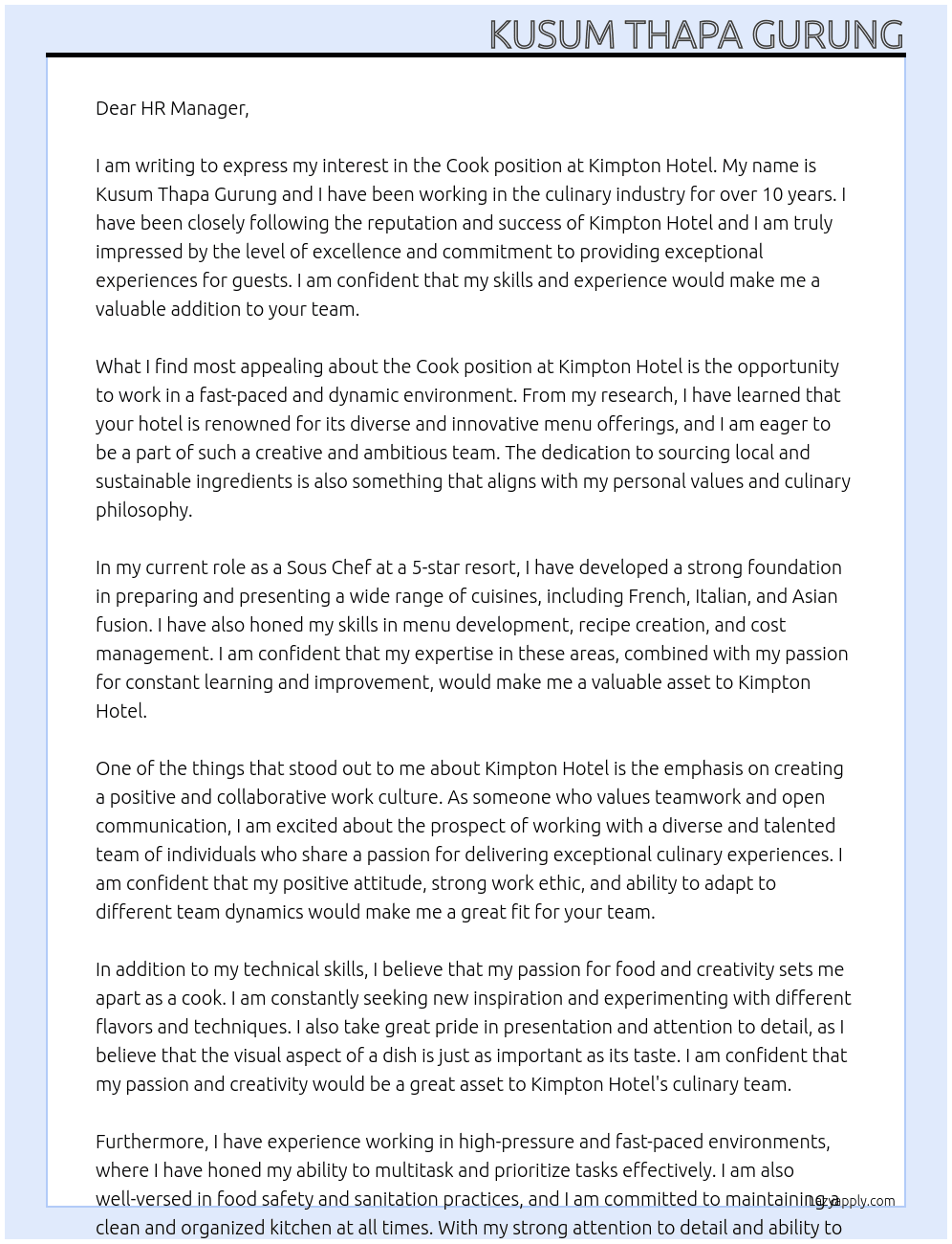 Cook At Kimpton Hotel Cover Letter