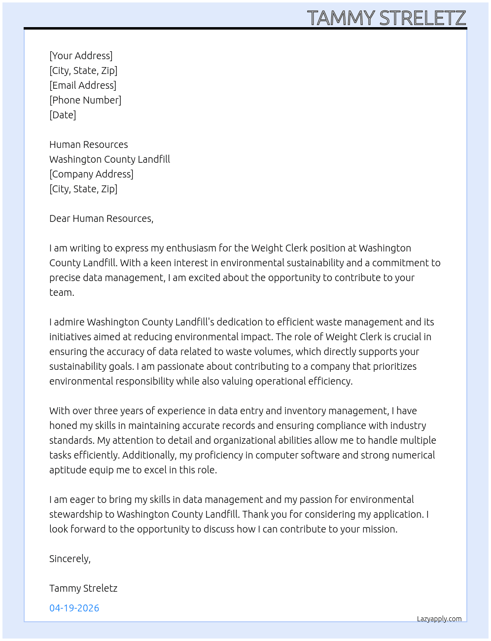 weight clerk At Washington County landfill Cover Letter