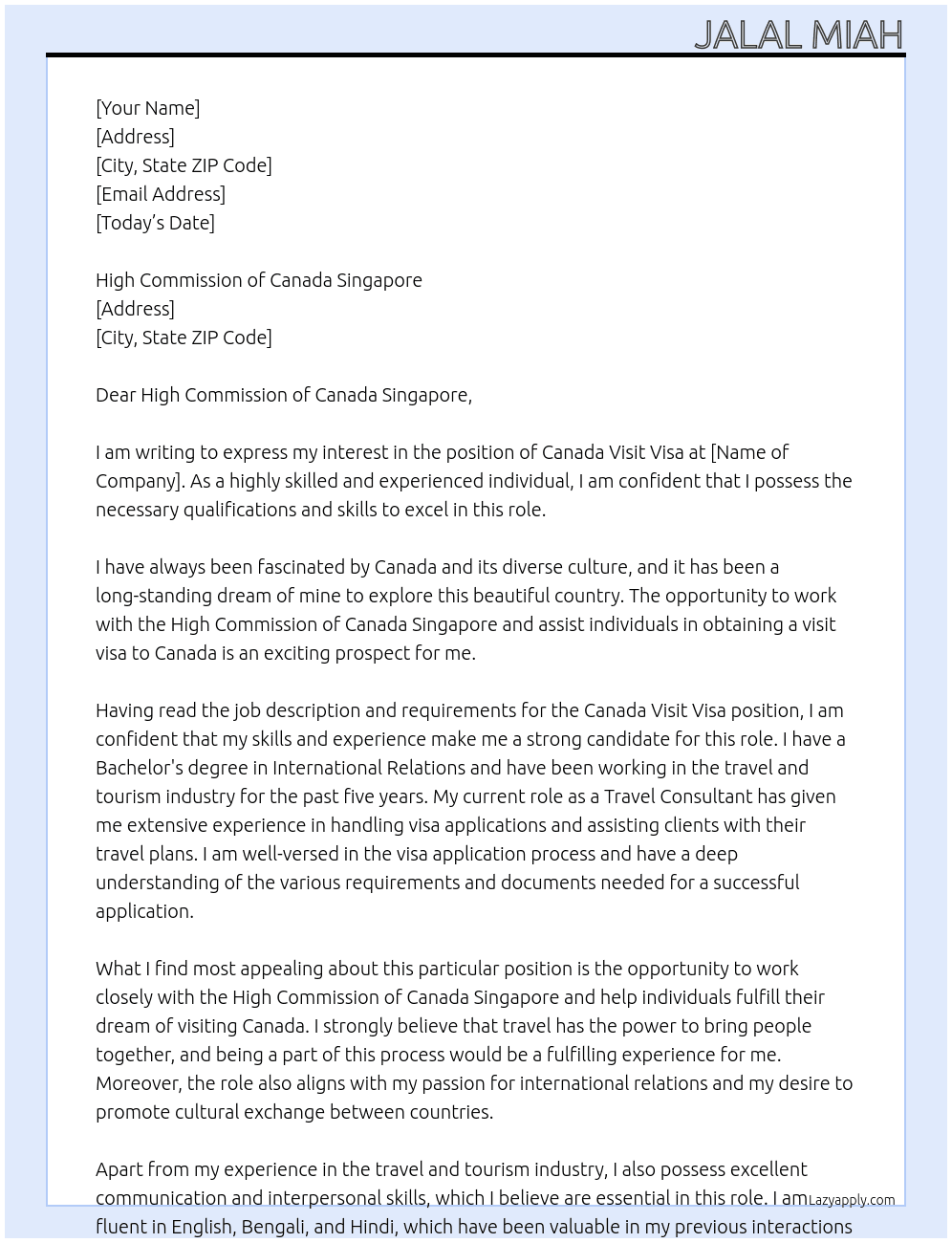 Canada visit visa At Canada Cover Letter