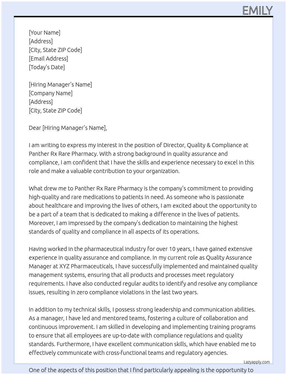 Director, Quality & Compliance At Panther Rx Rare Pharmacy Cover Letter